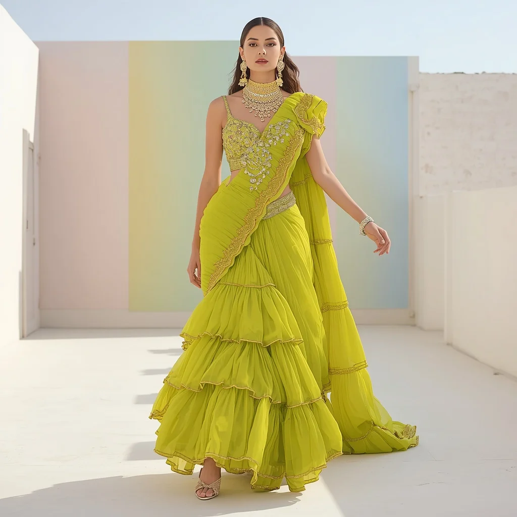 Lime Yellow Ruffle Saree Modern Festive Pose | Korean Ai Prompt