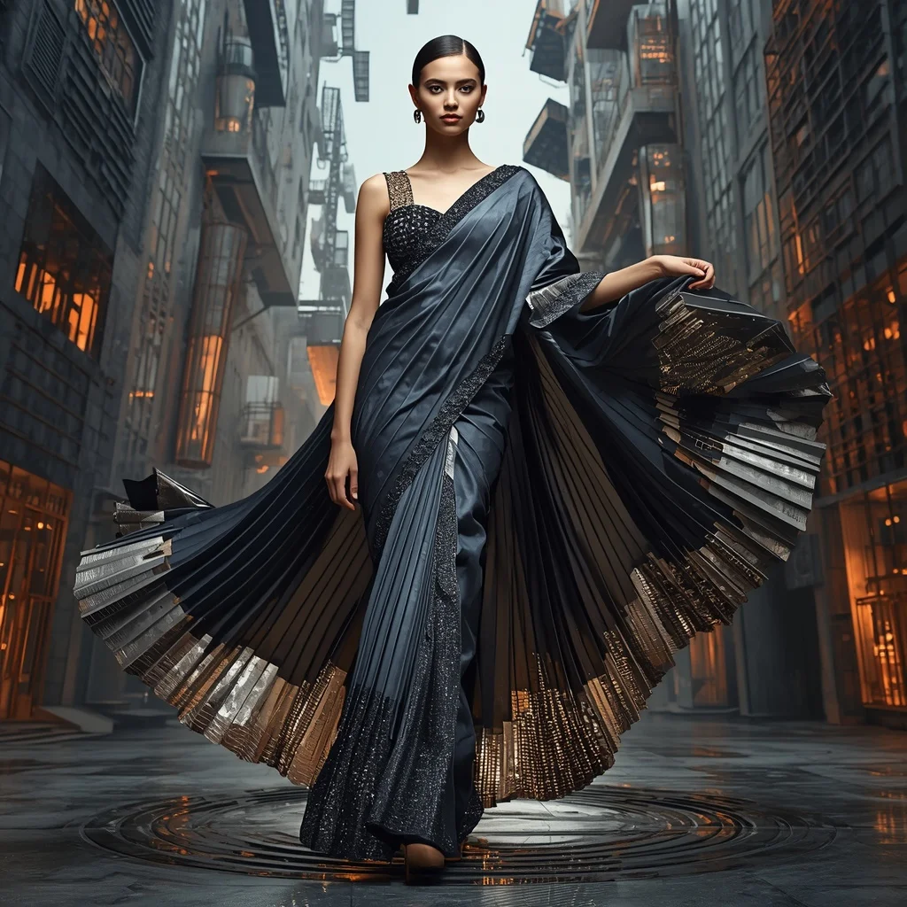Liquid Architecture Saree with Floating City Fold Structures | Whatsapp Dp Ai Prompt