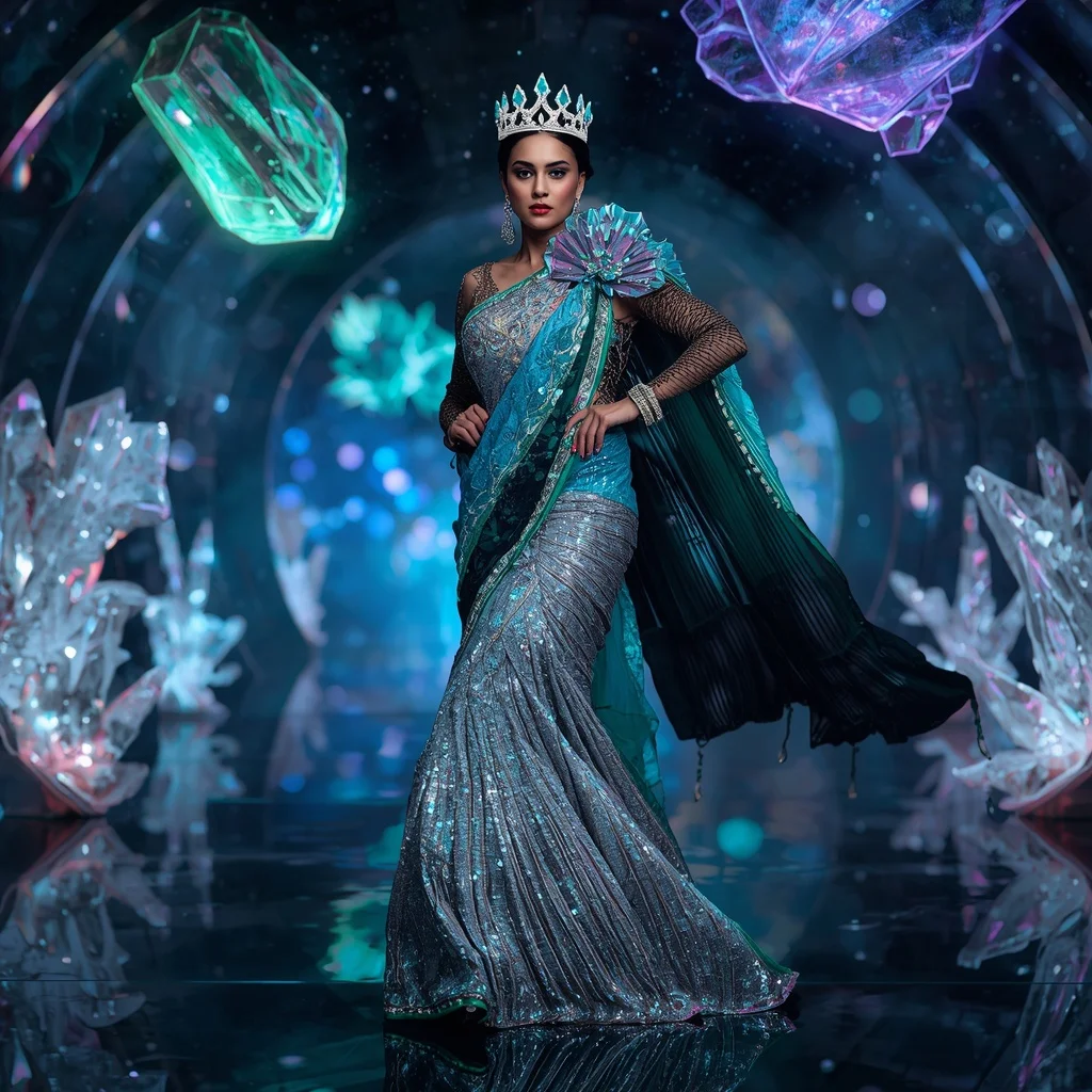 Liquid Aurora Crown Saree with Floating Neon Crystal Universes | Prompt For Traditional Look On Instagram