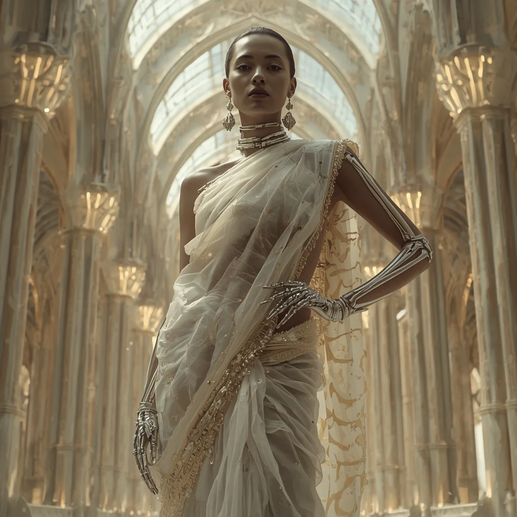 Liquid Bone Crystal Saree with Synthetic Skeleton Cathedral | Prompt Gemini