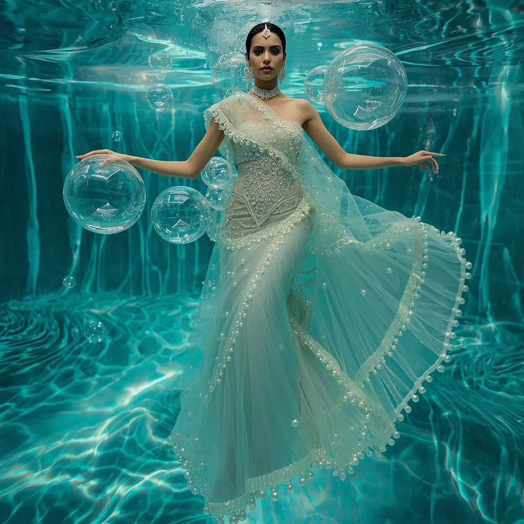 Liquid Bubble Pearl Saree with Floating Aqua Crystal Universe | Saree Ai Prompt