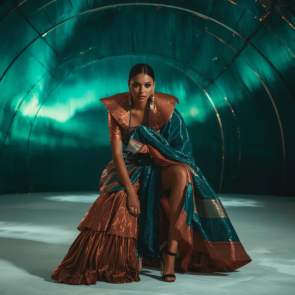 Liquid Copper and Teal Saree with Aurora LED Dome