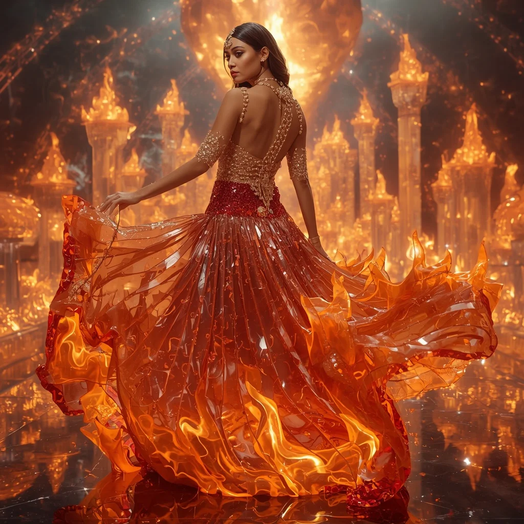 Liquid Crystal Flame Saree with Floating Fire Sculpture Kingdom | Saree Prompt Seen