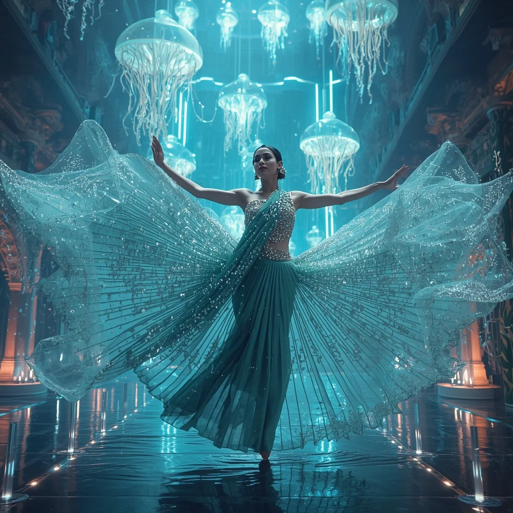 Liquid Crystal Jellyfish Saree with Floating Neon Ocean Empire | Prompt Seen Girl Photo Editing Trending