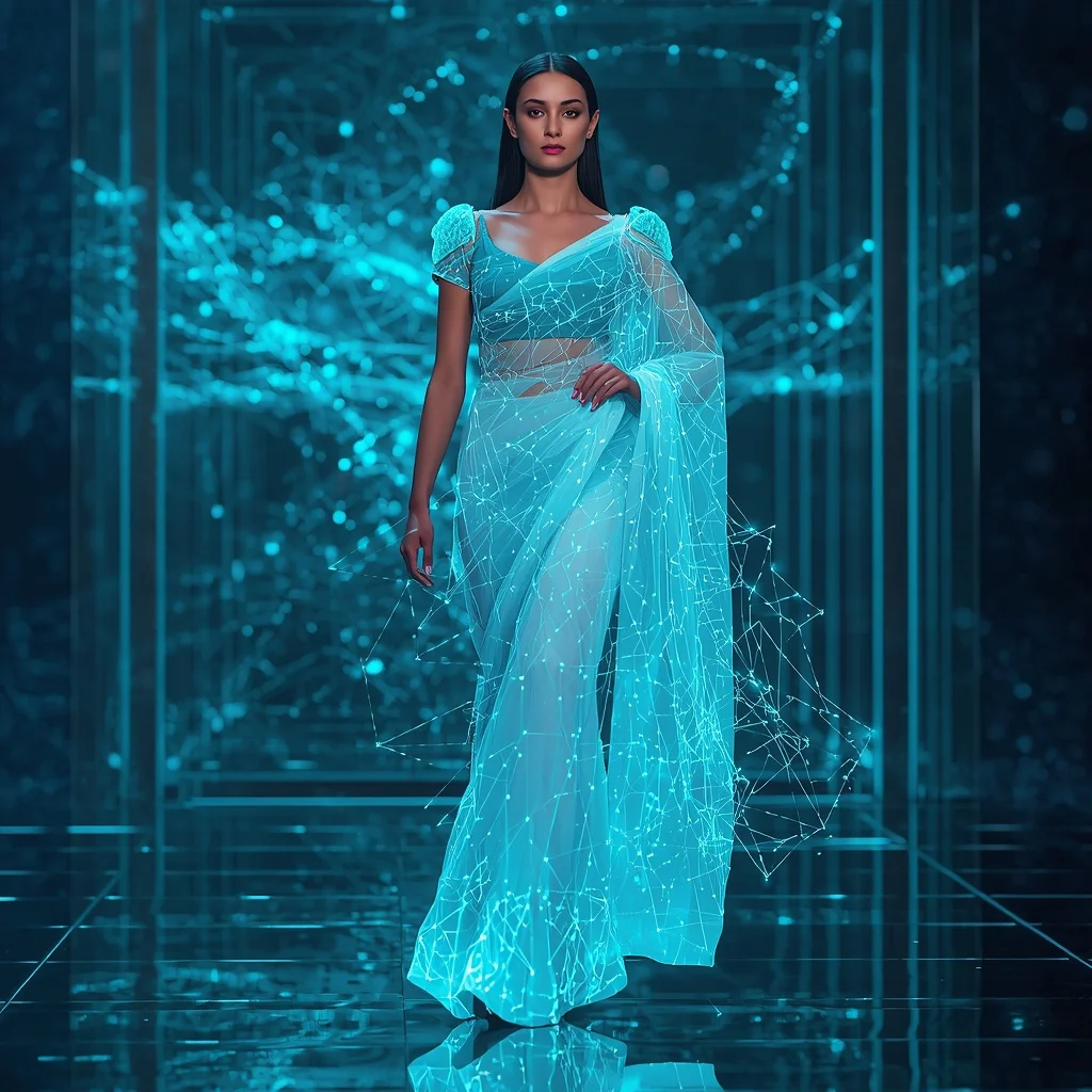 Liquid Crystal Web Saree with Floating Network Grid | Prompt Seen Girl Photo Editing