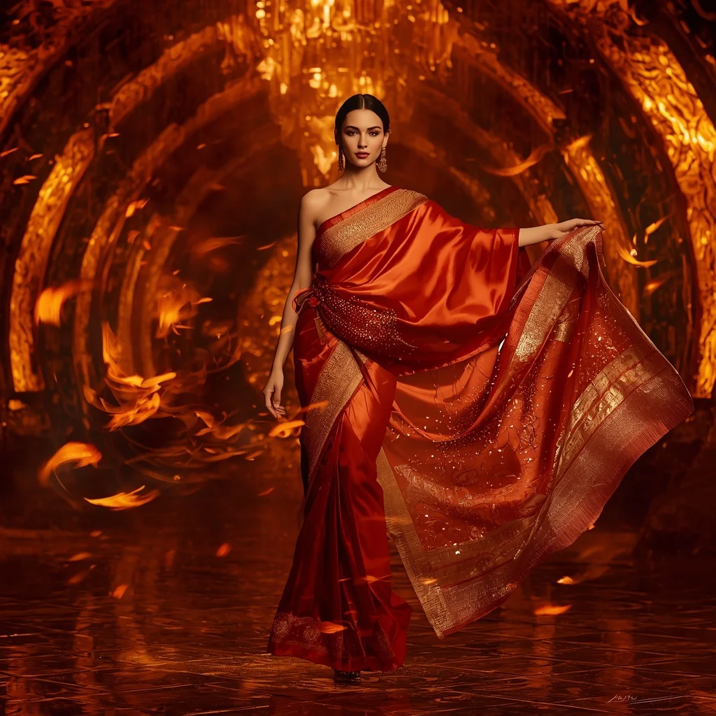 Liquid Ember Silk Saree with Gravity Fire Core | Ai Image Generator Prompt
