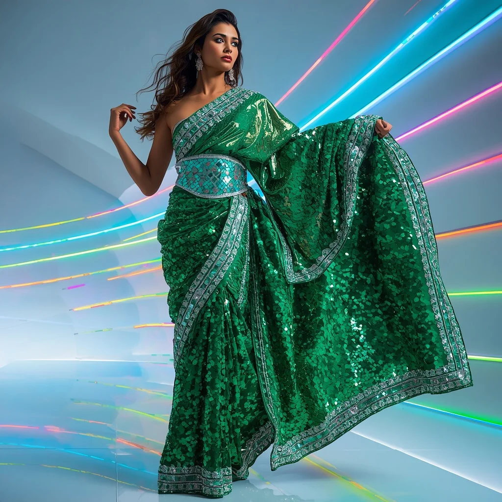 Liquid Emerald Mirrorwork Saree with Clean Multicolor Curve | Gemini Ai Photo Prompt