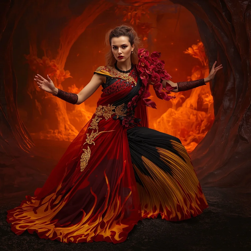 Liquid Flame Orchid Saree with Volcanic Bloom Core | Grok Ai Prompt