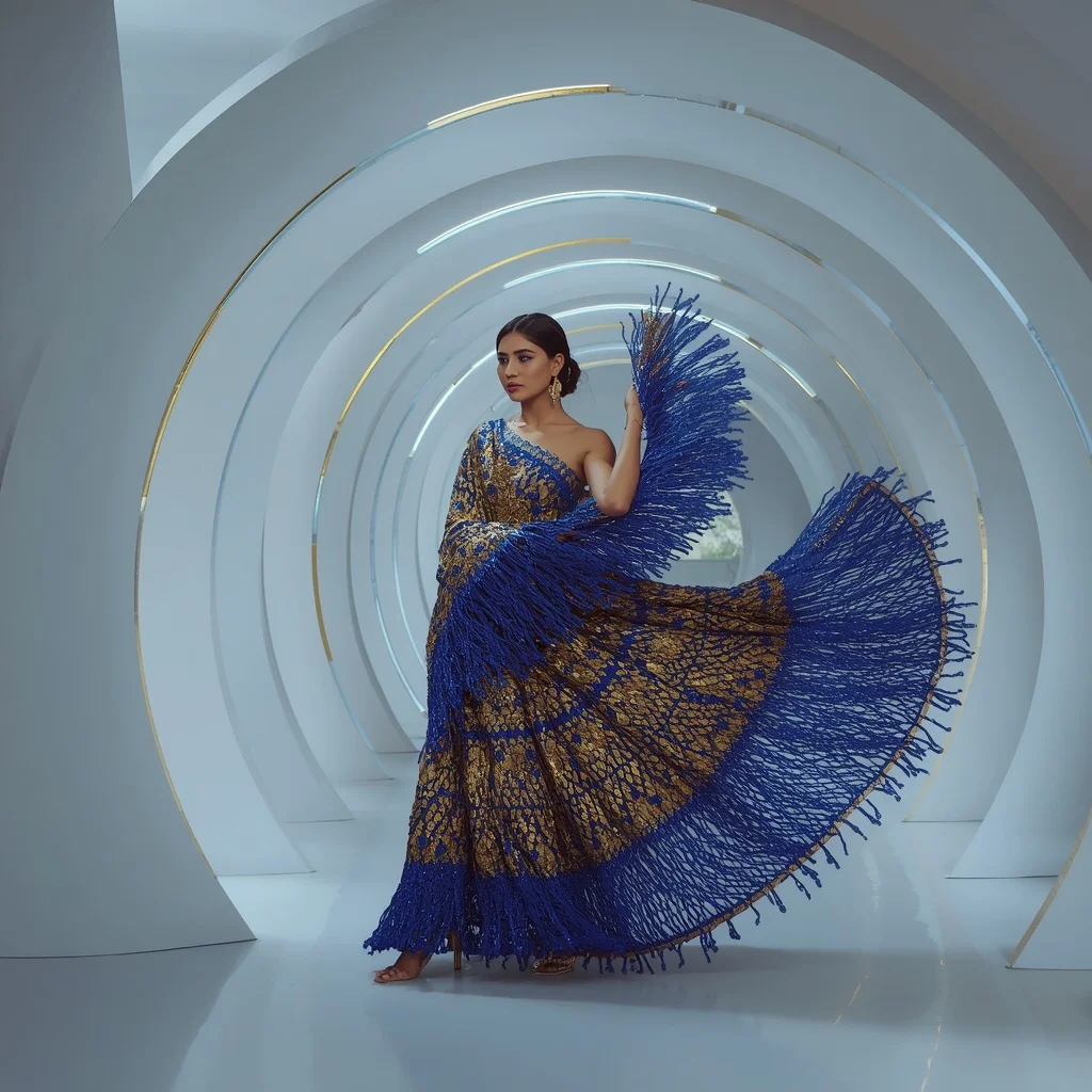Liquid Gold and Sapphire Crystal Fringe Saree with Floating Helix Corridor | Prompt AI For Girl