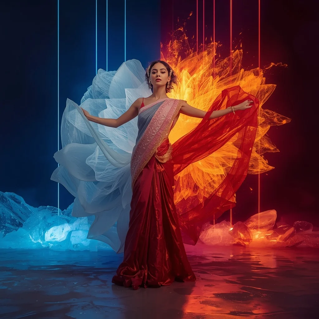 Liquid Ice Fire Lotus Saree with Dual Bloom Arena | Best Ai Prompt 2026