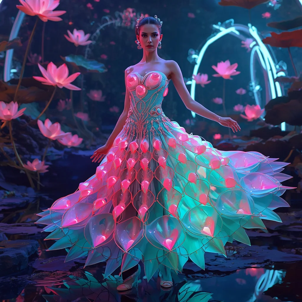 Liquid Lotus Reactor Saree with Bio Neon Bloom Garden | Girl Photo Prompt Gemini