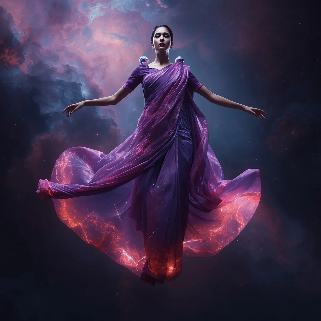 Liquid Nebula Saree with Living Cosmic Gas Fabric | Prompt For Traditional Look For Girl