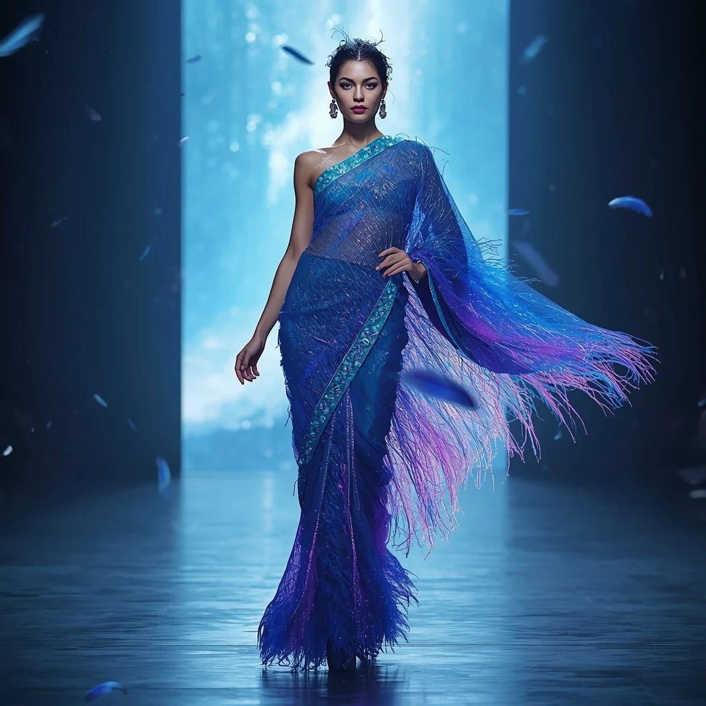 Liquid Neon Feather Code Saree with Digital Sky Rift | Prompt Ai For Girl Instagram