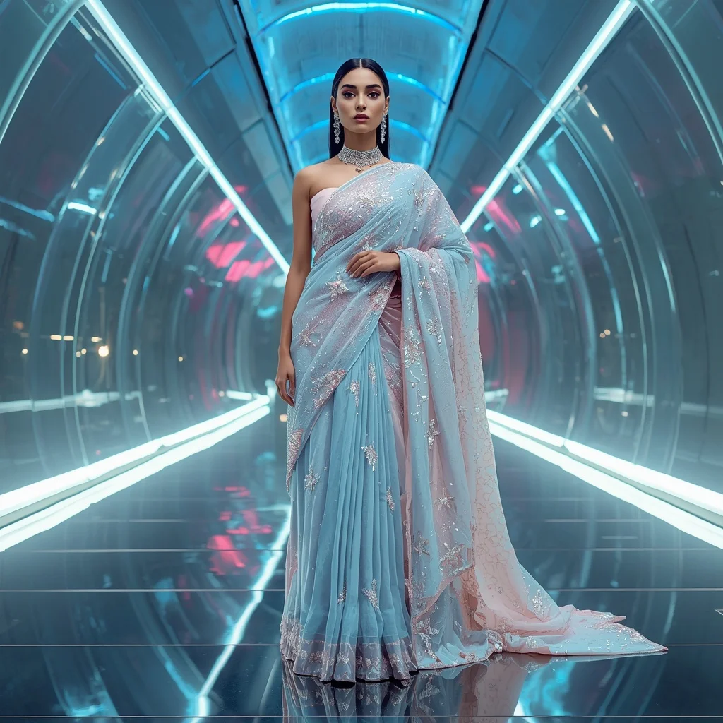 Liquid Opal Divine Saree with Sixteen Couture Poses and Futuristic Glass Infinity Empire | Modern Design Ai Prompt