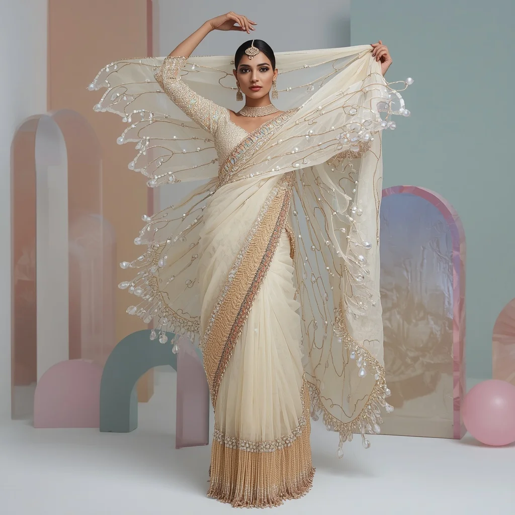 Liquid Opal Pearl Butterfly Saree Look with Dupatta Lift Grace Pose | Gemini Ai Photo