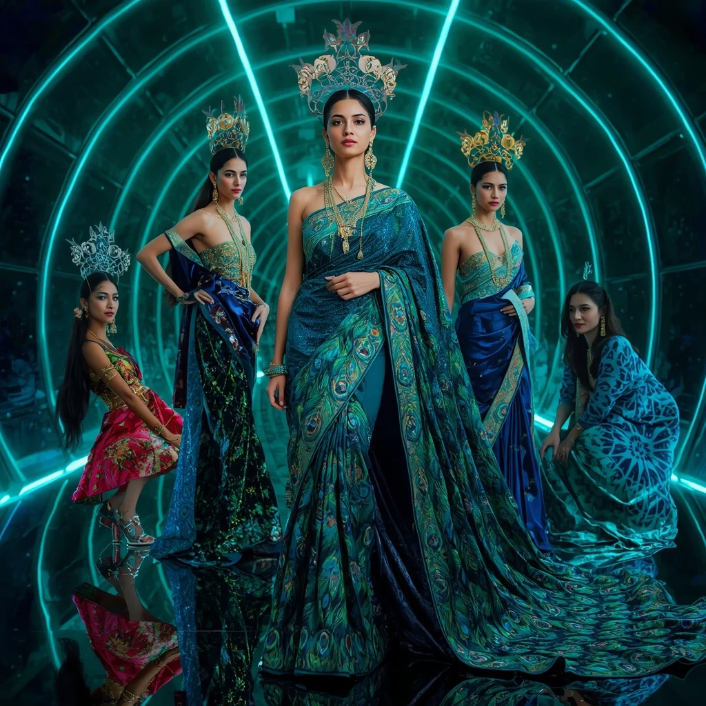 Liquid Peacock Celestial Crown Saree with Multi Pose Editorial Story and Laser Prism Eternal Omniverse | Realistic Ai Prompt