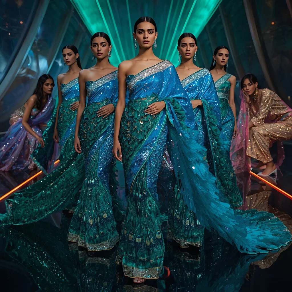 Liquid Peacock Celestial Infinity Saree with Multi Pose Editorial Story and Laser Prism Quantum Megaverse | Prompt Gemini Ai