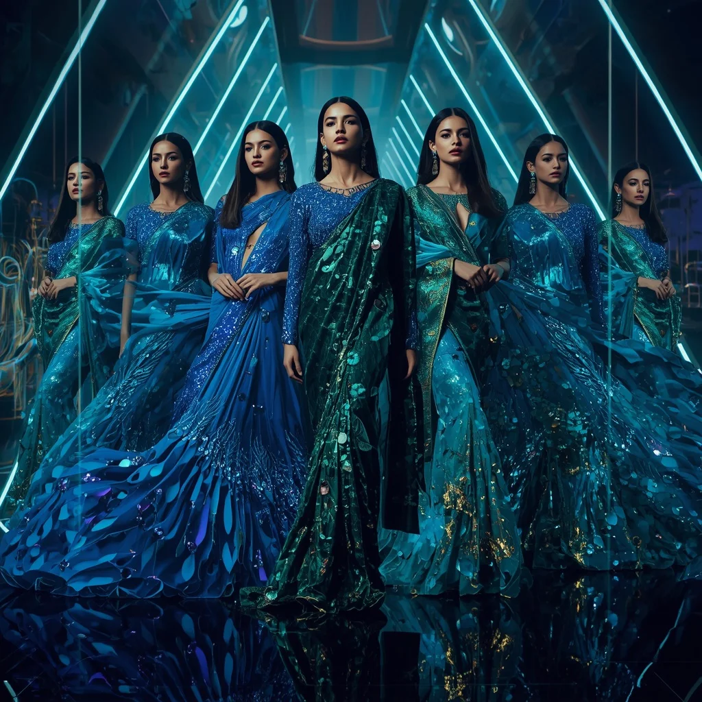 Liquid Peacock Quantum Hyperverse Saree with Multi Pose Editorial Story and Laser Prism Eternal Hyperdimension | Fantasy Ai Prompt