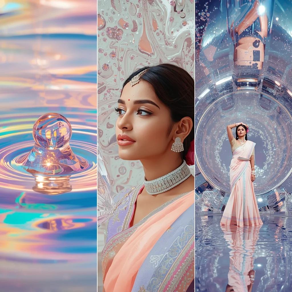 Liquid Pearl Iridescent Fluid Dynamics Saree Triptych Collage | Gemini Saree Prompt For Girl