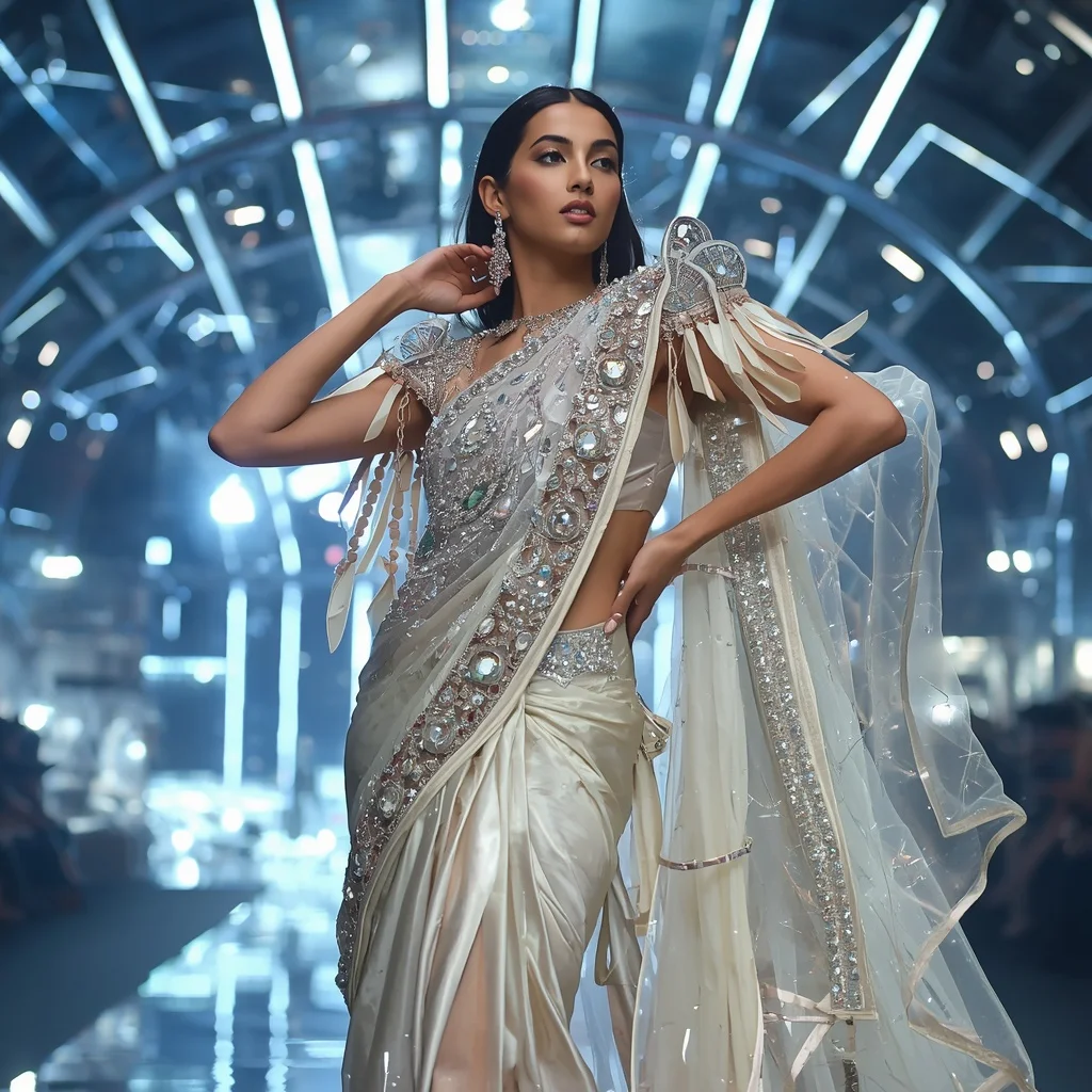 Liquid Pearl Thunder Saree with Floating Digital Prism Reflection Dome | Happy Ai Prompt