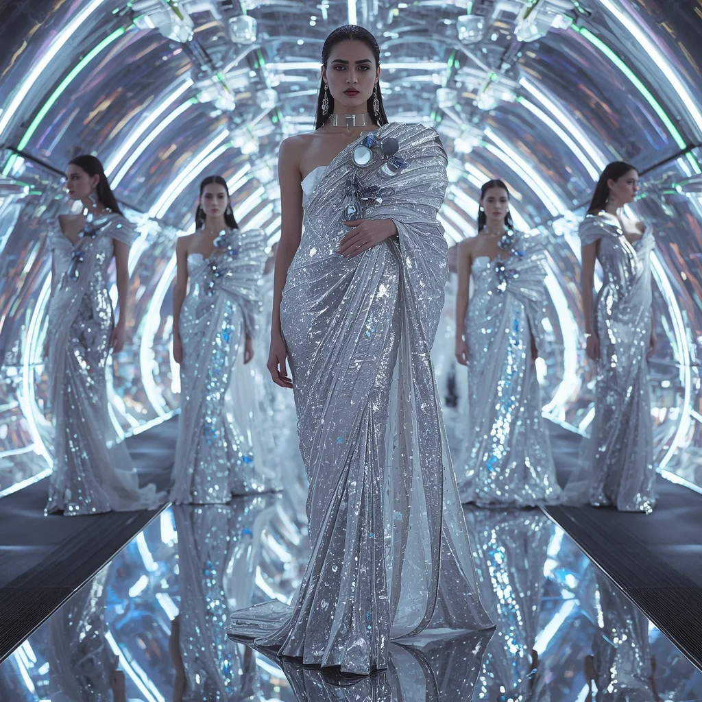 Liquid Silver Hyperqueen Saree with Reflective Fashion Silhouettes and Holographic Infinity Hyperrealm | Beautiful Woman Ai Prompt