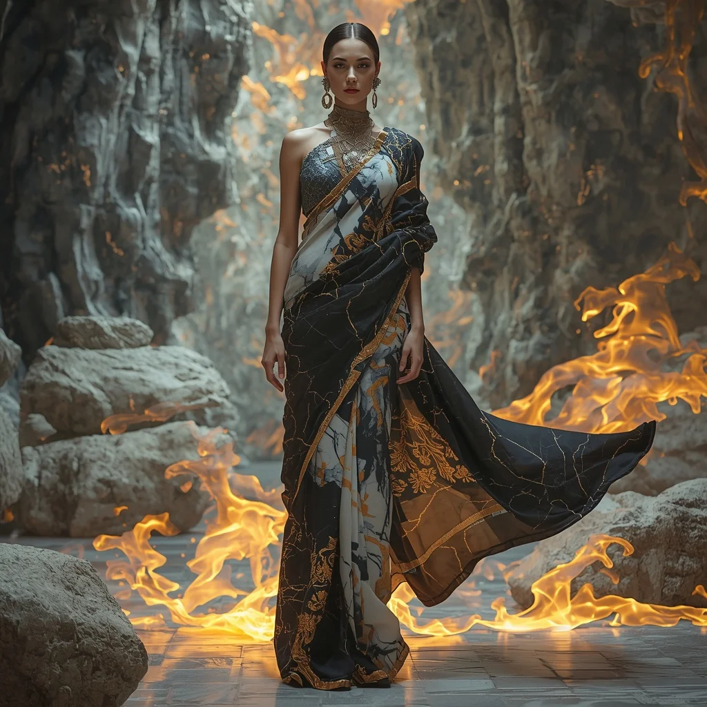 Liquid Stone Flow Saree with Marble Energy Motion | Woman Pose Ai Prompt