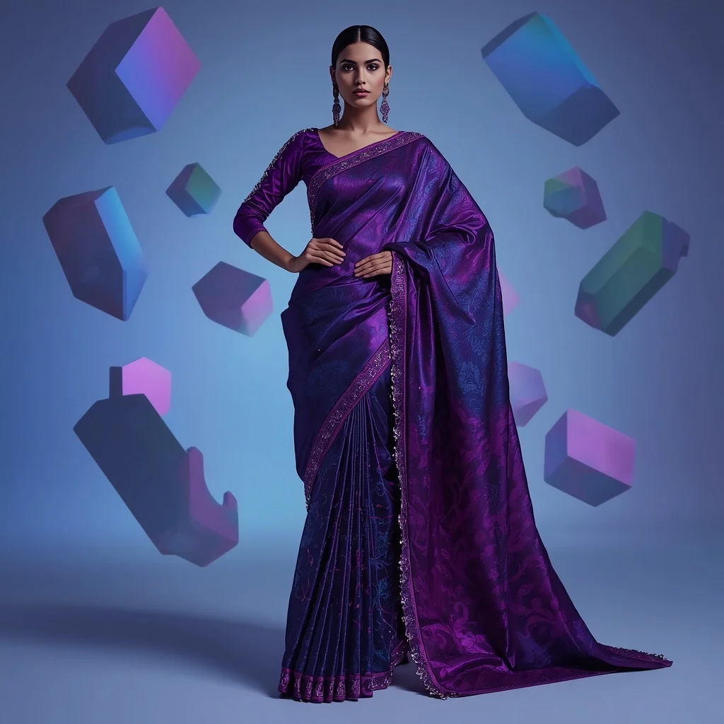 Luminescent Nebula: Deep Violet Festive Saree with Fiber-Optic Embroidery | Saree Ai Prompt