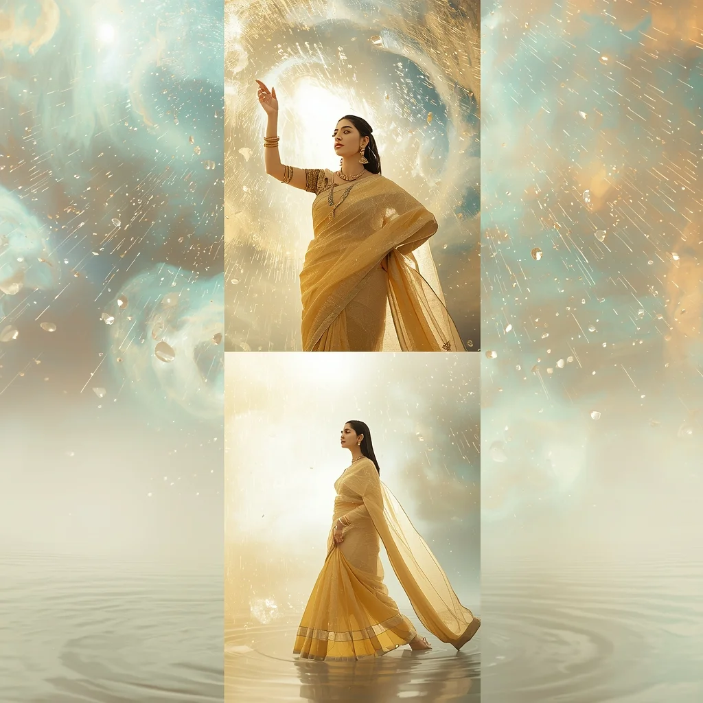 Luminous Crystal Rain Nebula Vortex Strip Heavenly Art Vogue | Desi Saree Ai Prompt