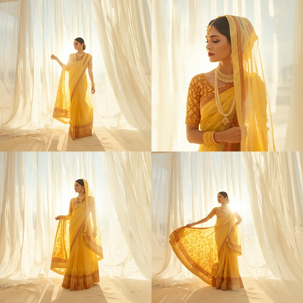 Luminous Dream Loop Light Curtain Grid Epic Sunlit Glow | Saree Instagram Ai Prompt