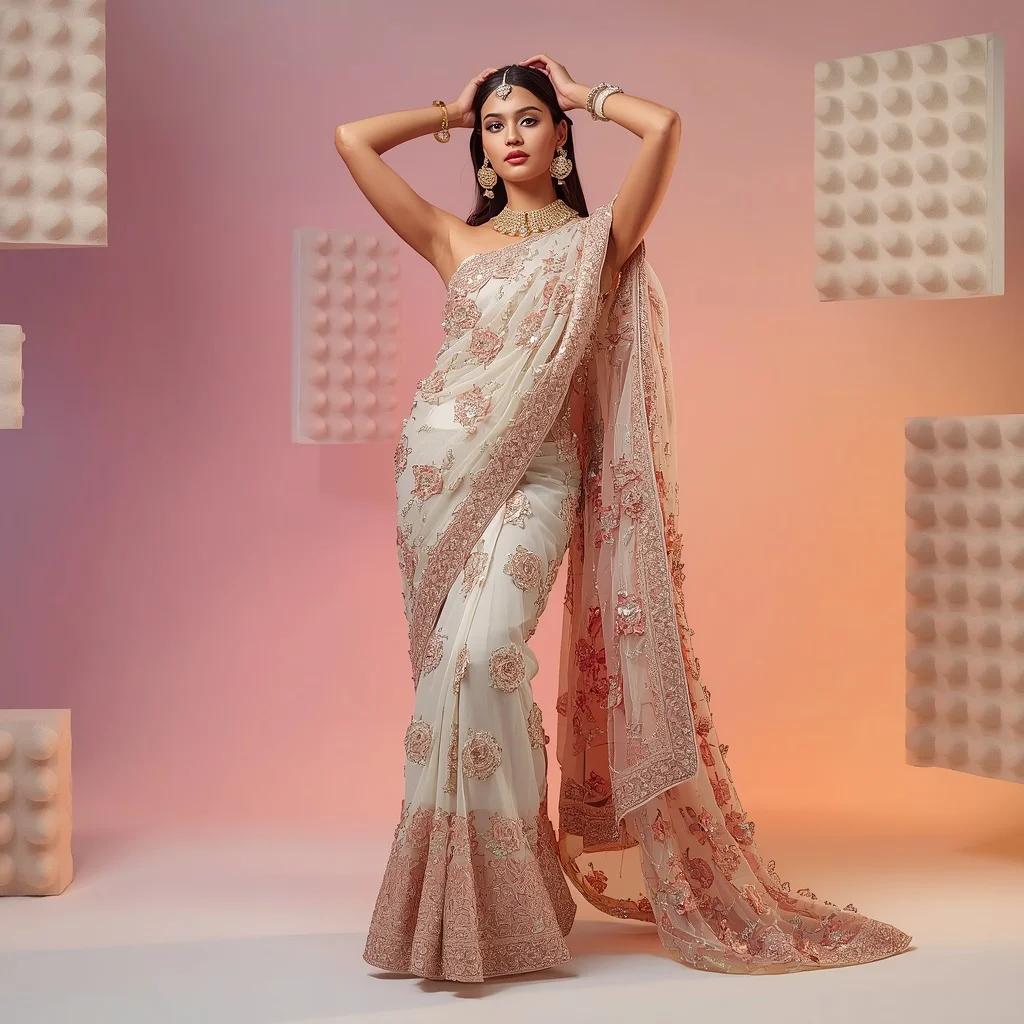 Luminous Pearl White and Rose Gold 3D Floral Applique Saree