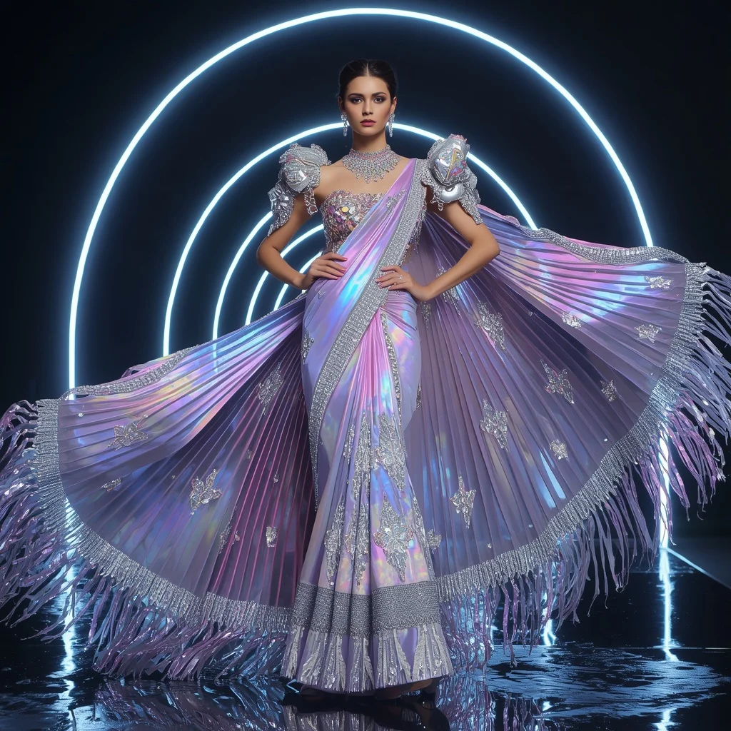 Lunar Prism Aurora Saree with Neon Arc Infinity Fortress | Lighting Ai Prompt