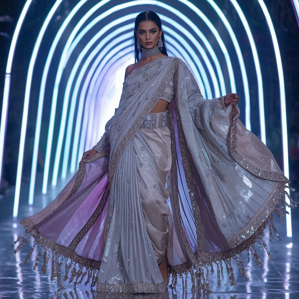 Lunar Prism Royale Saree with Neon Arc Cathedral | Ultra Realistic Ai Prompt