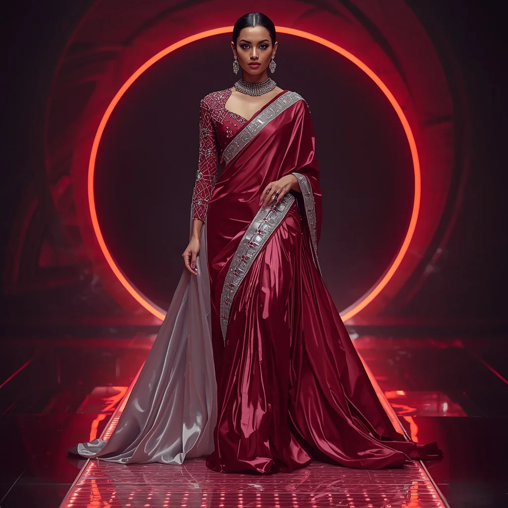 Lunar Ruby Eclipse Saree with Floating Infinity Beam Reflection Orbit Infinity Pavilion | Prompt Seen Horror Girl