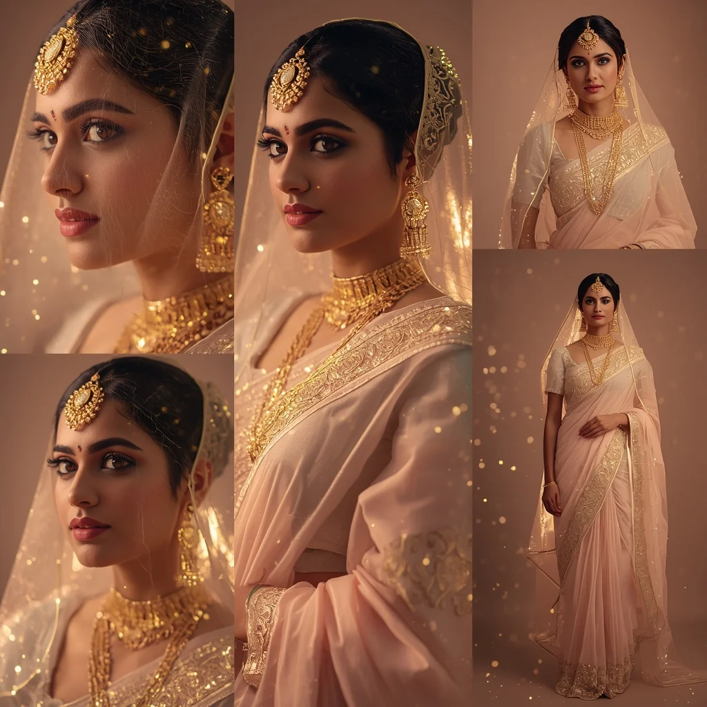 Luxe Gold Dust Veil Pastel Saree Indian Woman Collage | Traditional Prompt For Gemini Ai Girl Instagram