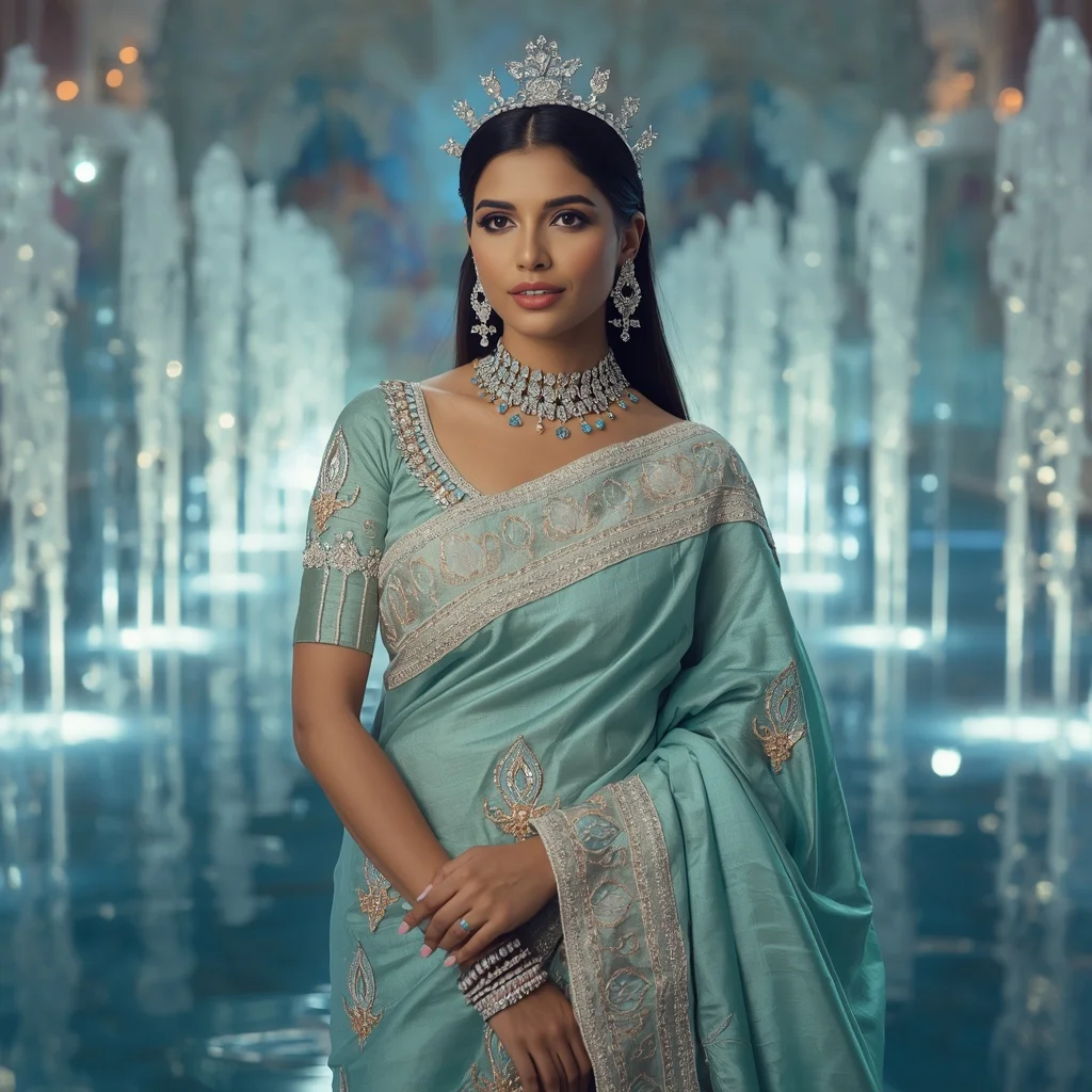 Luxury Aqua Lotus Crown Saree Fashion with Water Crystal Reflection Palace Background | Cute Girl Ai Prompt