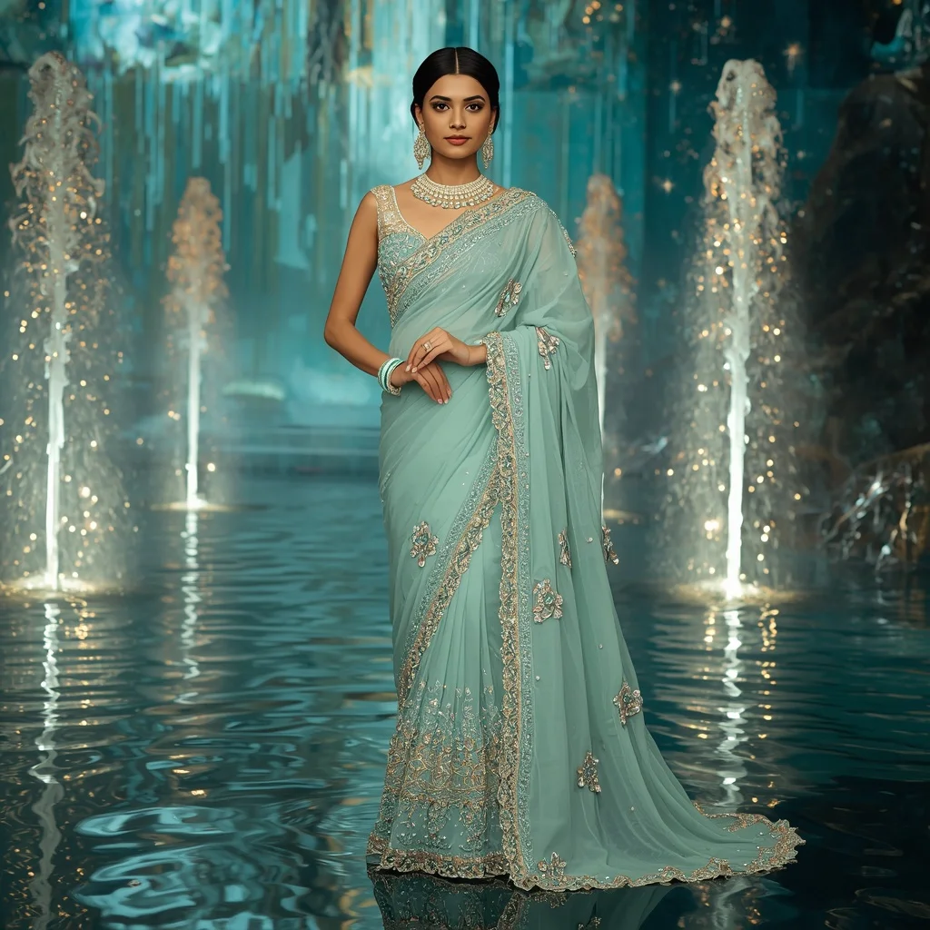 Luxury Aqua Lotus Jewel Saree Fashion with Water Crystal Empire Background | Gemini Ai Photo Prompt Copy Paste