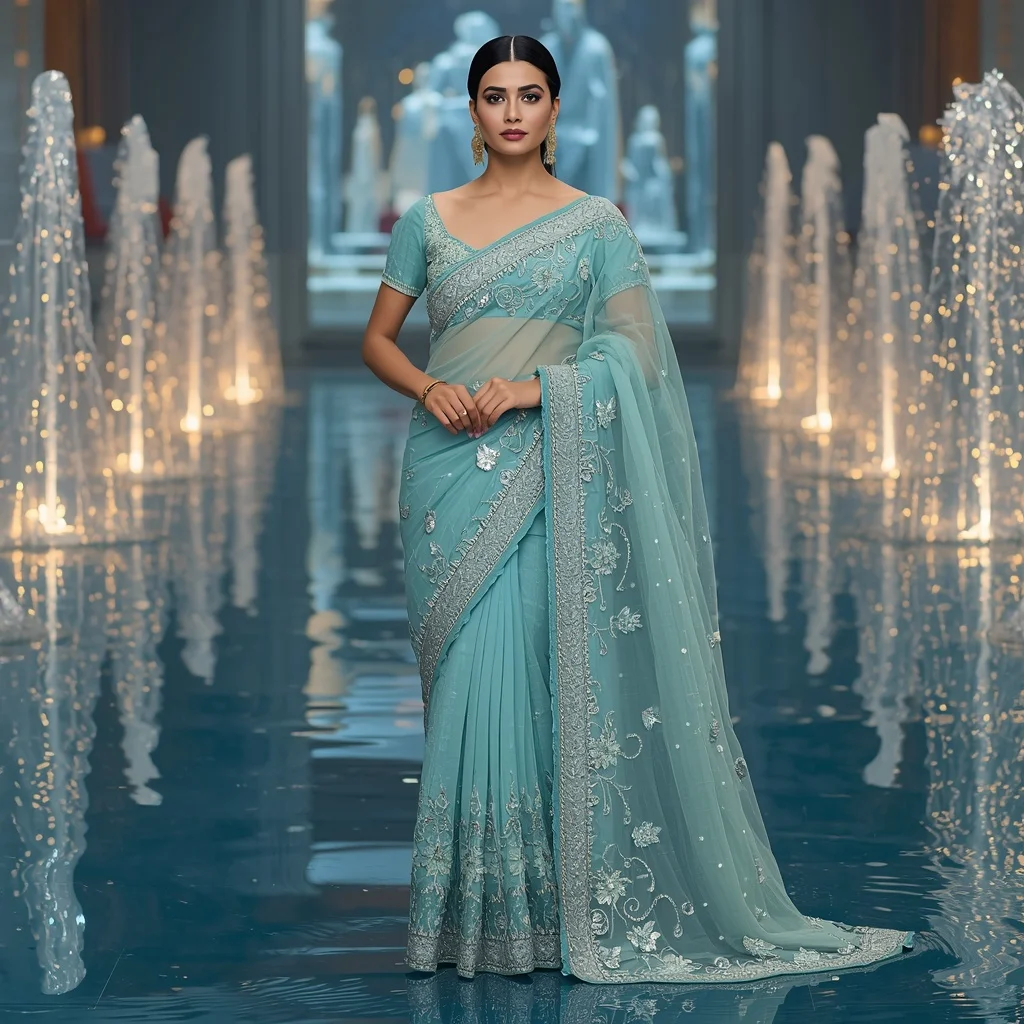 Luxury Aqua Lotus Jewel Saree Fashion with Water Crystal Reflection Kingdom Background | Gemini Ai Photo Prompt