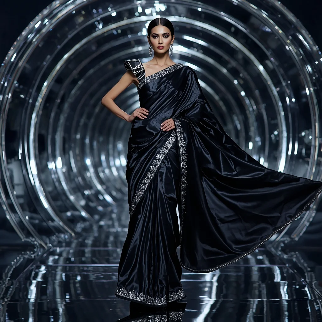 Luxury Black Chrome Saree with Fierce Catwalk Editorial Spiral and Digital Silver Reflection Dome Background | Indian Girl Ai Prompt