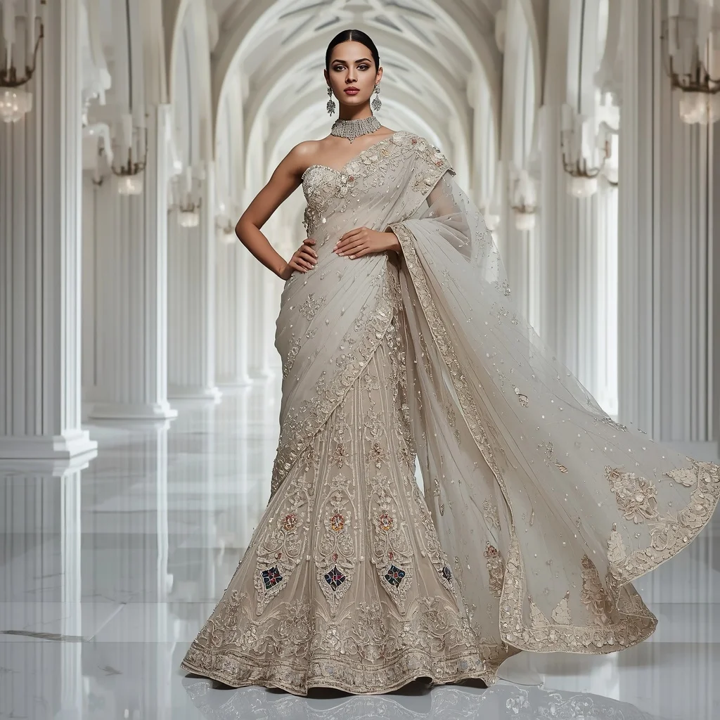 Luxury Crystal Cathedral Saree with Grand White Fashion Atrium | Beautiful Woman Ai Prompt