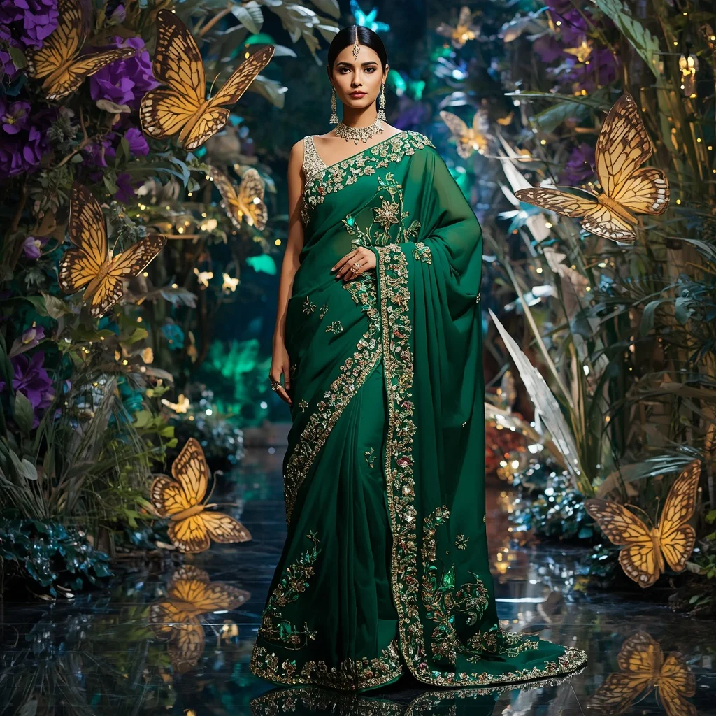 Luxury Emerald Butterfly Queen Saree Fashion with Crystal Botanical Kingdom Background | Leonardo Ai Image Prompt