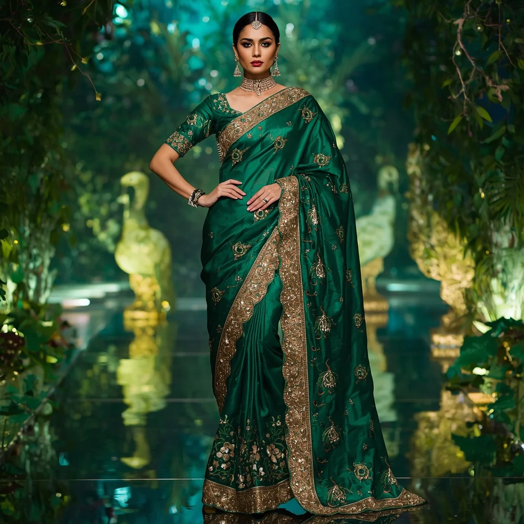 Luxury Emerald Peacock Garden Saree Fashion with Crystal Forest Palace Background | Best Prompt Ai For Girl