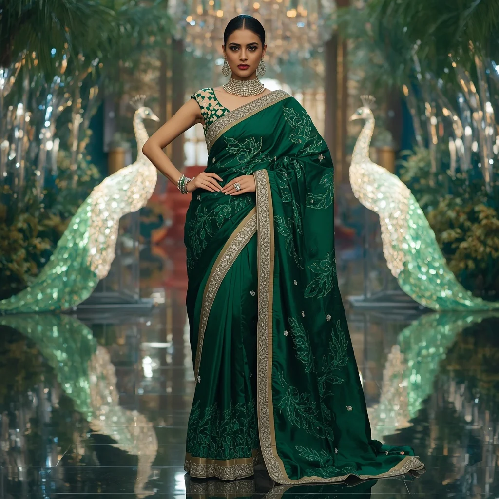 Luxury Emerald Peacock Jewel Saree Fashion with Crystal Garden Kingdom Background | Gemini Ai Photo