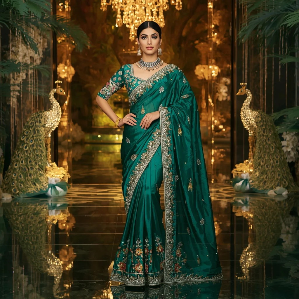 Luxury Emerald Peacock Majesty Saree Fashion with Crystal Jungle Palace Background | Woman Pose Ai Prompt