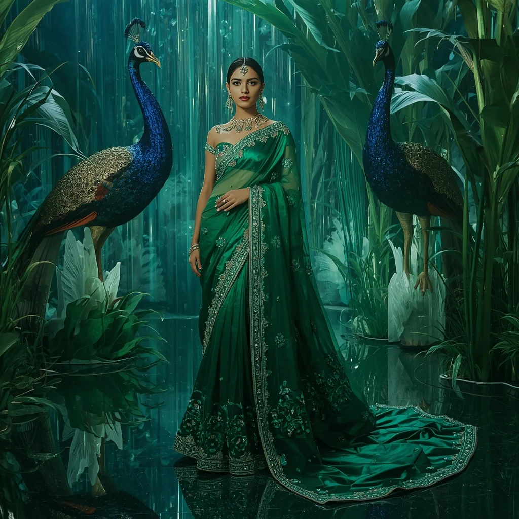 Luxury Emerald Peacock Palace Saree Fashion with Crystal Rainforest Kingdom Background | Ai Prompt For Instagram
