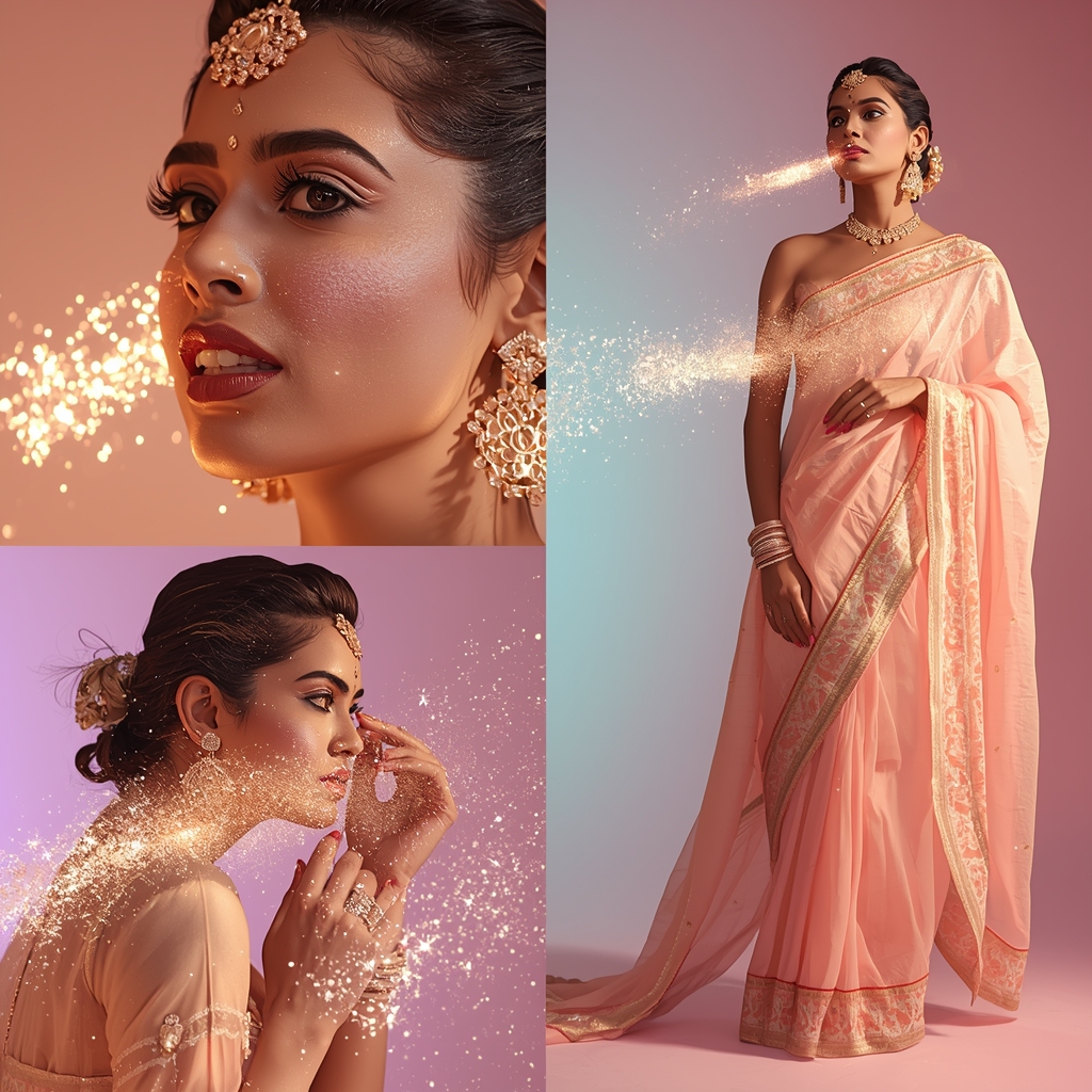 Luxury Festive Indian Fashion Style Enhanced By Micro Diamond Dust | Traditional Saree Ai Prompt