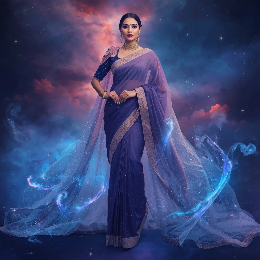 Luxury Floating Crystal Nebula River Saree With Cosmic Water Flow And Royal Galaxy Couture Aura | Chatgpt Saree Prompt In English