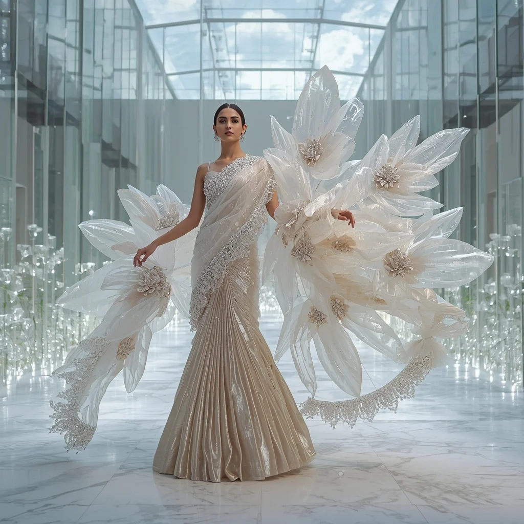 Luxury Floating Glass Petal Saree with Crystal Sky Atrium | Viral Ai Image Prompt