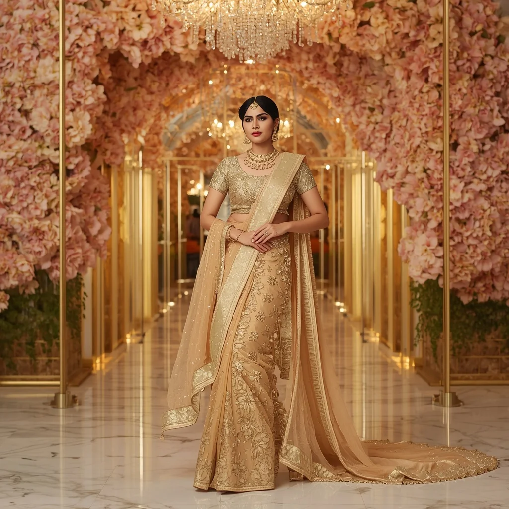 Luxury Golden Dahlia Maharani Saree with Crystal Blossom Kingdom Background | Instagram Viral Photo Prompt