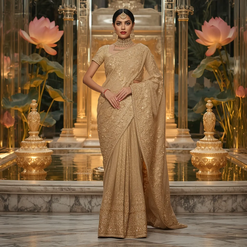 Luxury Golden Lotus Maharani Saree Fashion with Crystal Temple Garden Background | Whatsapp Dp Ai Prompt