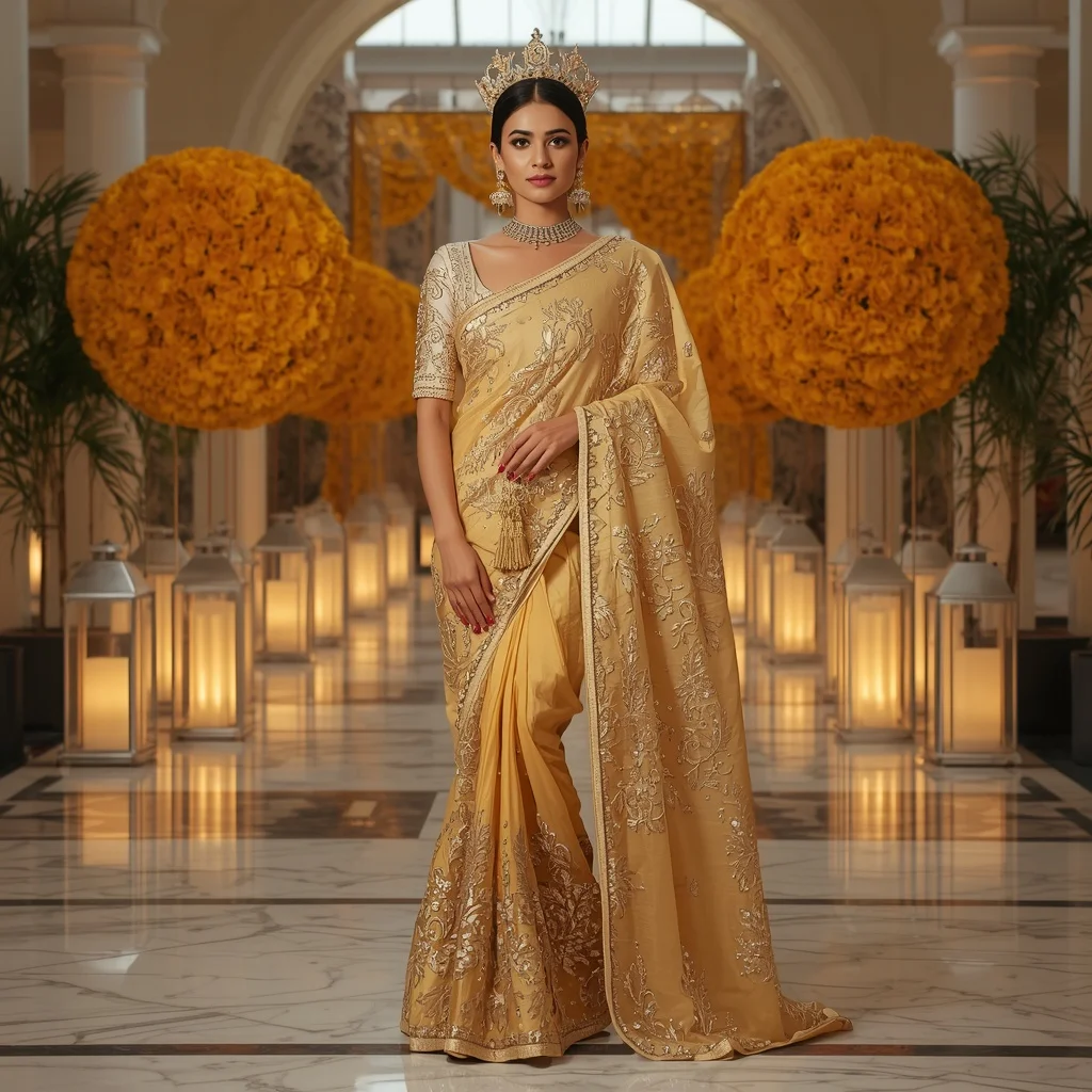 Luxury Golden Marigold Crown Saree Fashion with Crystal Celebration Courtyard Background | Ai Prompt For Reels